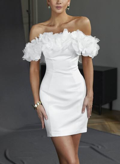Off-The-Shoulder Sleeveless Short/Mini Organza/Matte Satin Bride Wedding Dress With Flower