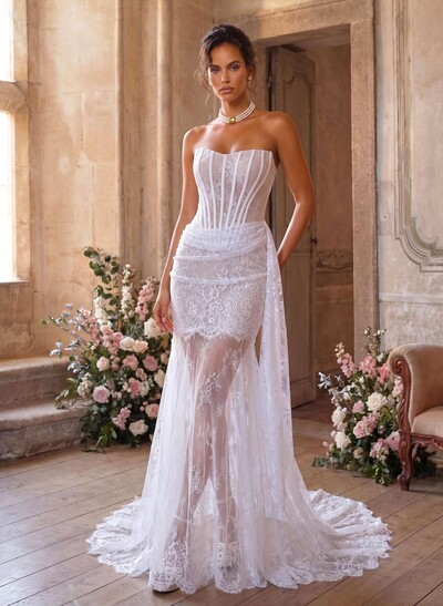 Trumpet/Mermaid Off-The-Shoulder Sleeveless Court Train Lace Wedding Dress With Lace