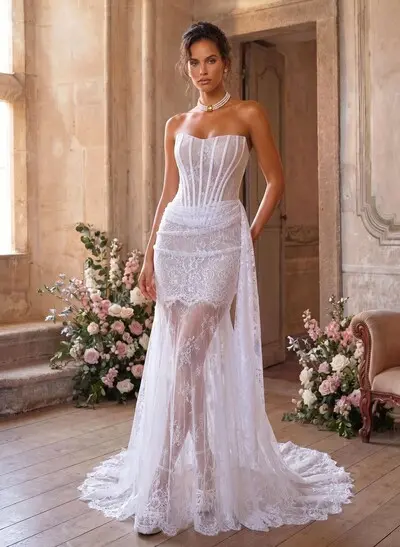Trumpet/Mermaid Off-The-Shoulder Sleeveless Court Train Lace Wedding Dress With Lace