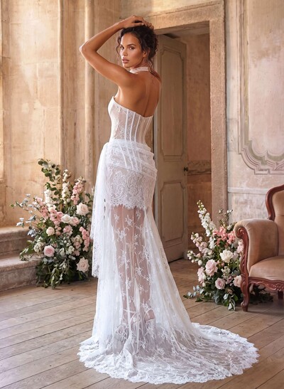Trumpet/Mermaid Off-The-Shoulder Sleeveless Court Train Lace Wedding Dress With Lace