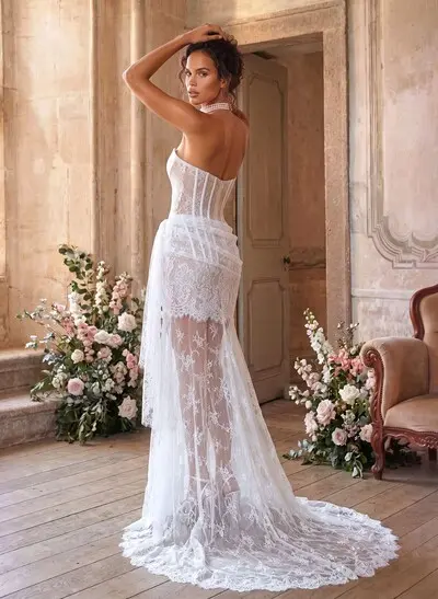 Trumpet/Mermaid Off-The-Shoulder Sleeveless Court Train Lace Wedding Dress With Lace
