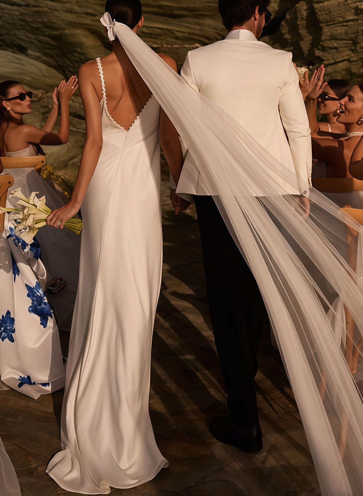 A-Line V-Neck Sleeveless Open Back Sweep Train Crepe Satin Bride Wedding Dress