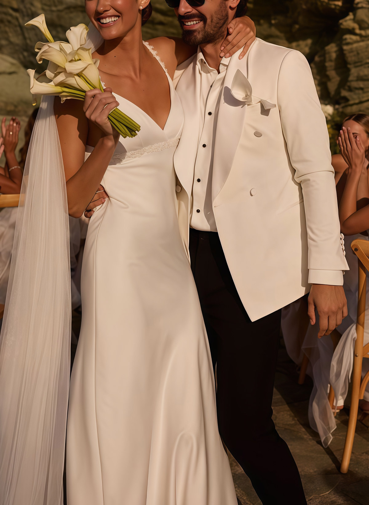 A-Line V-Neck Sleeveless Open Back Sweep Train Crepe Satin Bride Wedding Dress