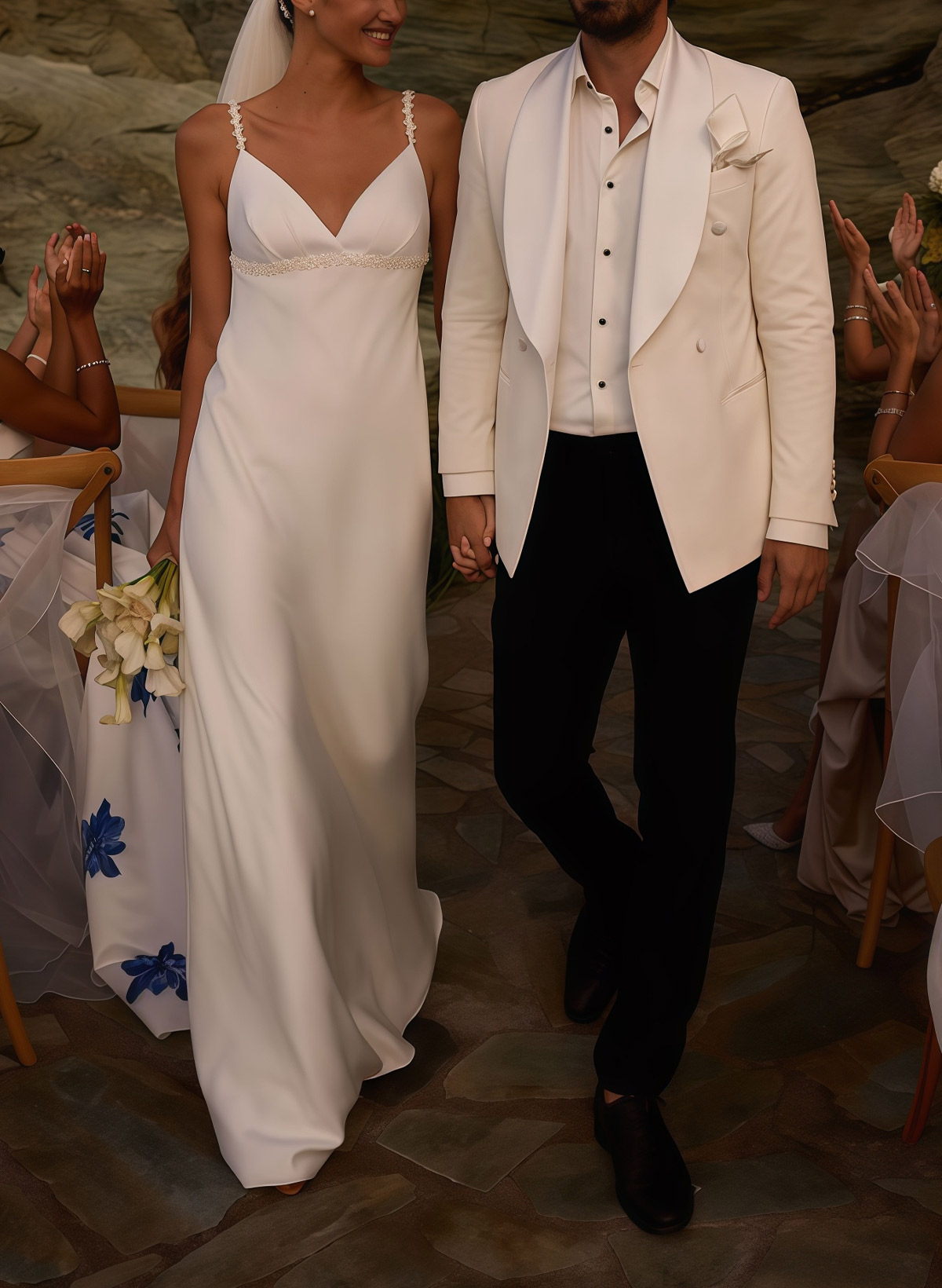 A-Line V-Neck Sleeveless Open Back Sweep Train Crepe Satin Bride Wedding Dress