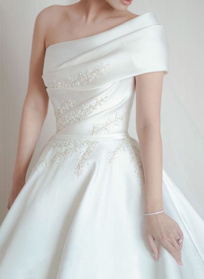 Ball-Gown One-Shoulder Sleeveless Sweep Train Twill Satin Wedding Dresses With Beading