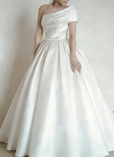 Ball-Gown One-Shoulder Sleeveless Sweep Train Twill Satin Wedding Dresses With Beading