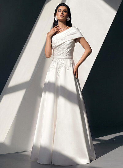 Ball-Gown One-Shoulder Sleeveless Sweep Train Twill Satin Wedding Dresses With Beading