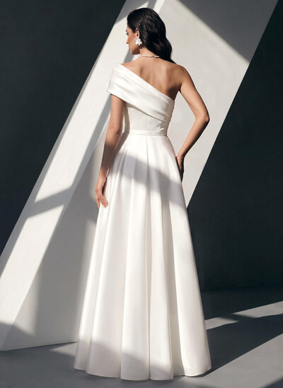 Ball-Gown One-Shoulder Sleeveless Sweep Train Twill Satin Wedding Dresses With Beading