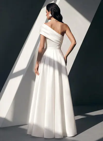 Ball-Gown One-Shoulder Sleeveless Sweep Train Twill Satin Wedding Dresses With Beading