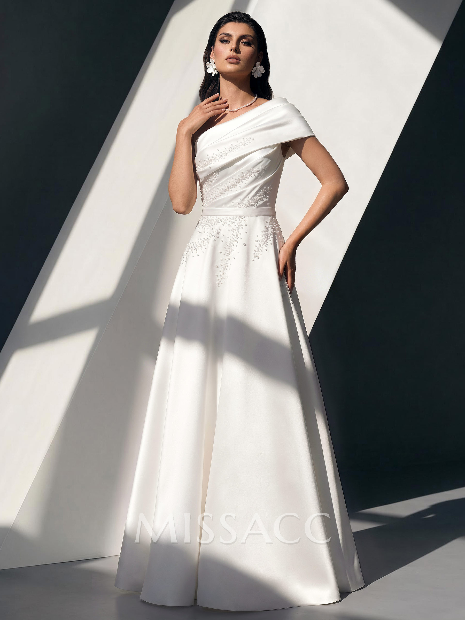 Ball-Gown One-Shoulder Sleeveless Sweep Train Twill Satin Wedding Dresses With Beading