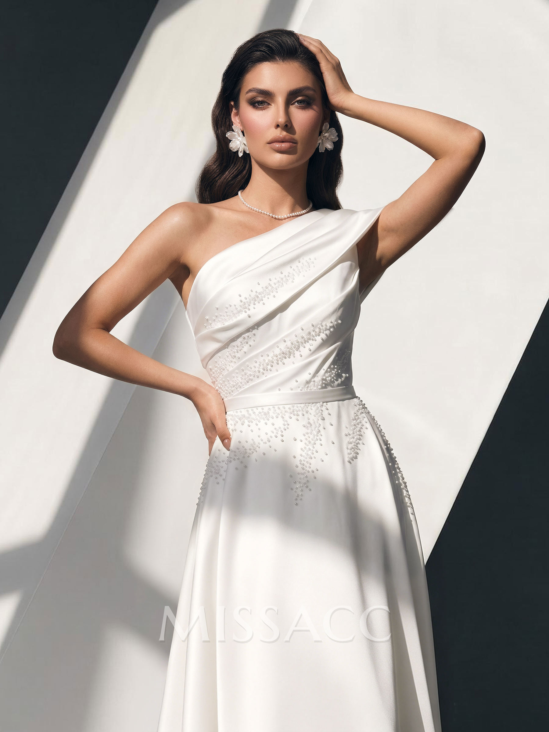 Ball-Gown One-Shoulder Sleeveless Sweep Train Twill Satin Wedding Dresses With Beading