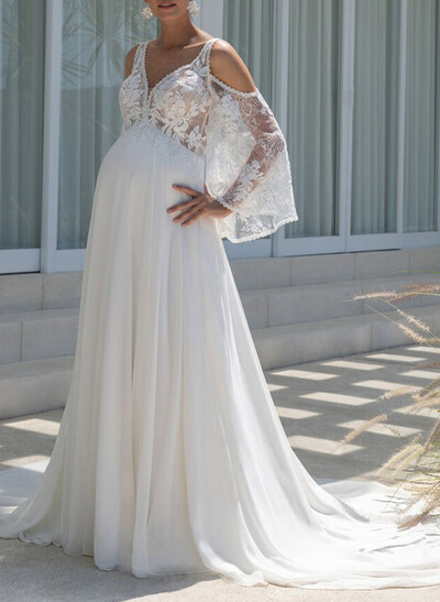 A-Line Plunge Neck Cape Sleeves Court Train Chiffon/Lace/Tulle Wedding Dresses