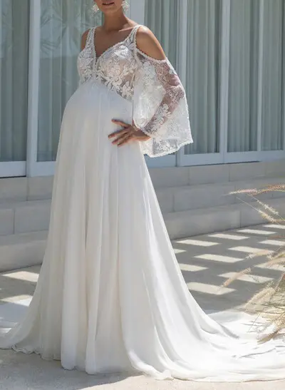 A-Line Plunge Neck Cape Sleeves Court Train Chiffon/Lace/Tulle Wedding Dresses