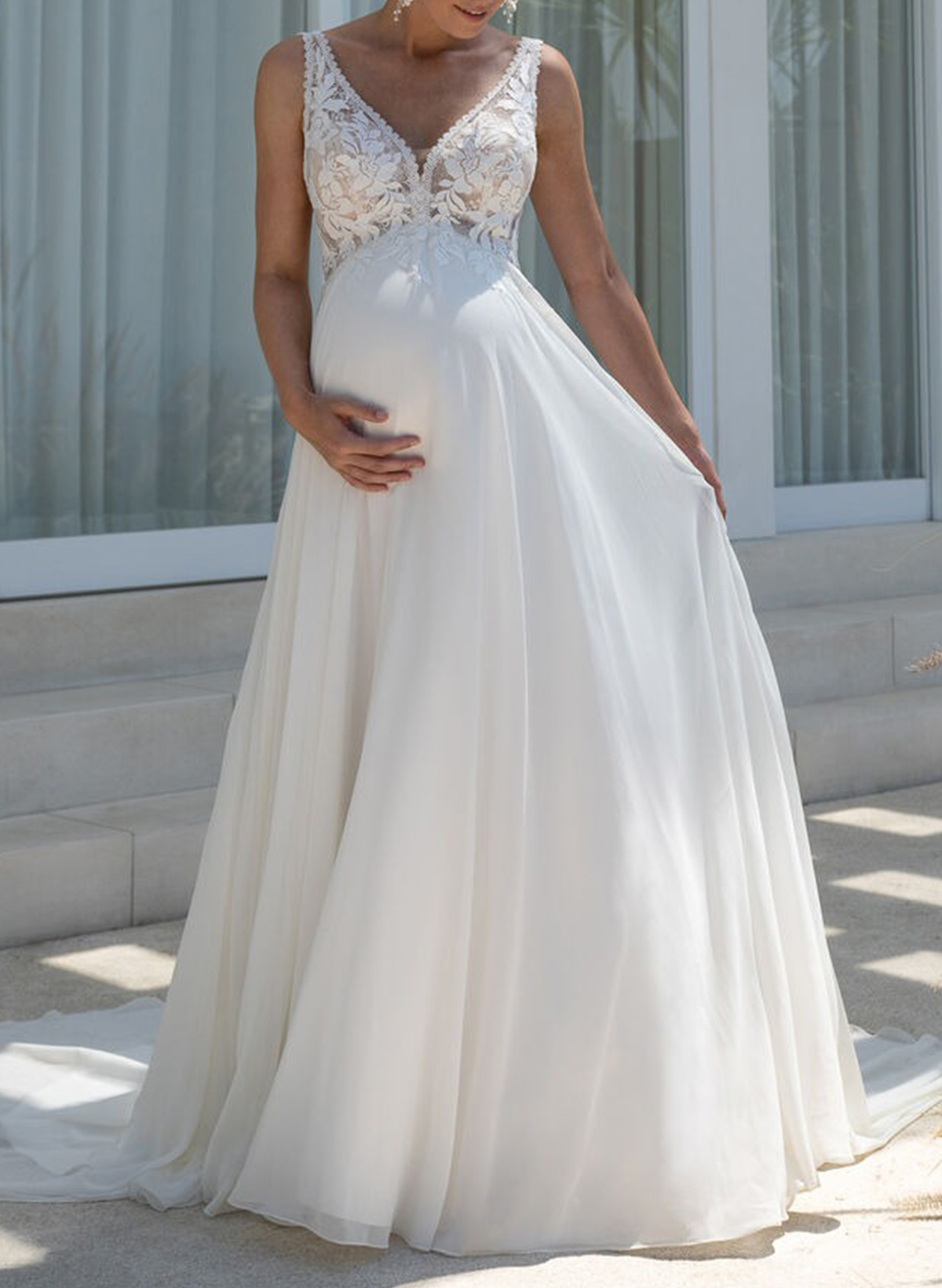 A-Line Plunge Neck Cape Sleeves Court Train Chiffon/Lace/Tulle Wedding Dresses
