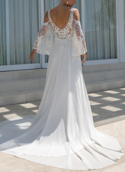 A-Line Plunge Neck Cape Sleeves Court Train Chiffon/Lace/Tulle Wedding Dresses