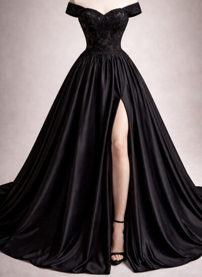 Ball-Gown Sweetheart Sleeveless Sweep Train Satin Wedding Dresses With Appliques Lace/High Split