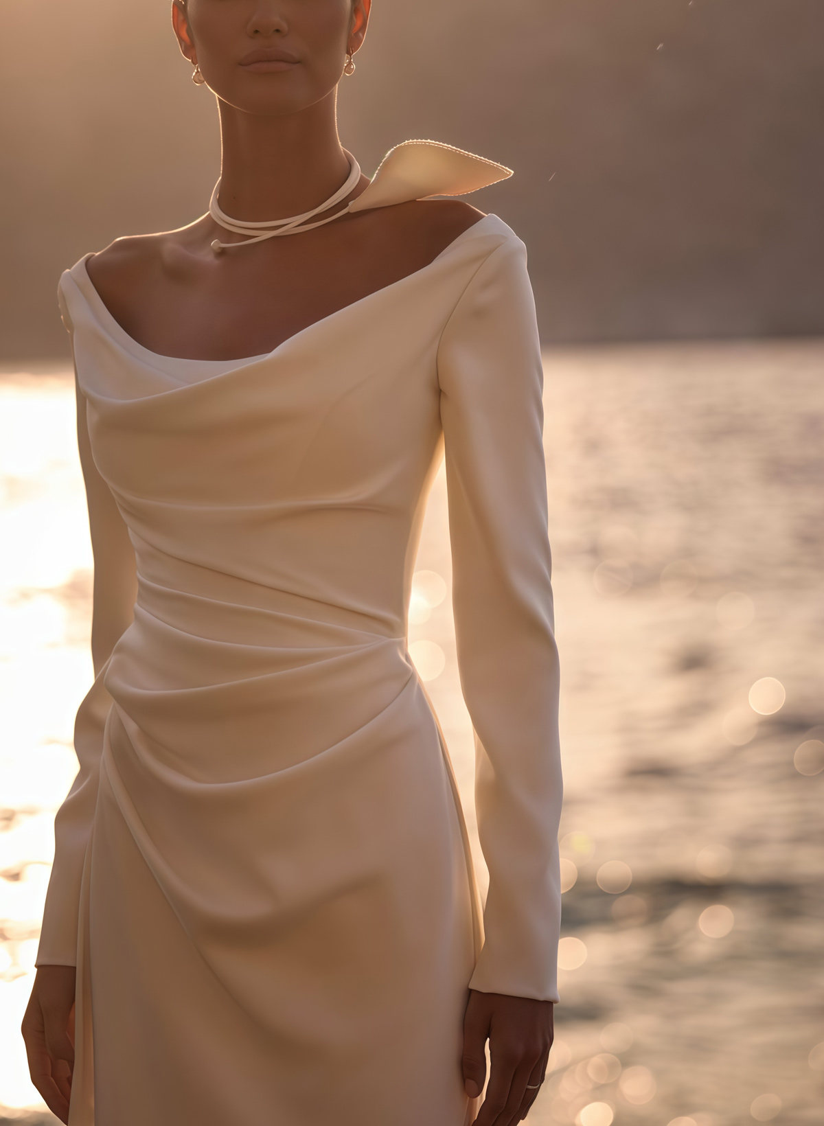 A-Line Off-The-Shoulder Long Sleeves Sweep Train Elastic Satin Bride Wedding Dress