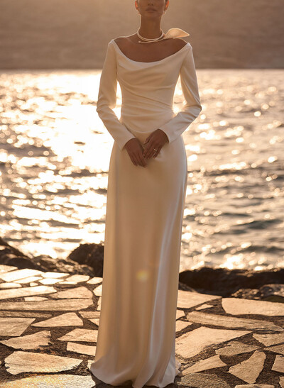 A-Line Off-The-Shoulder Long Sleeves Sweep Train Elastic Satin Bride Wedding Dress