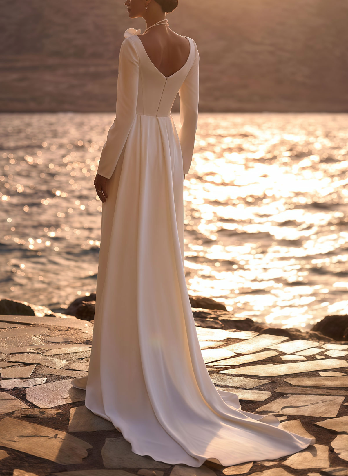 Column Off-The-Shoulder Long Sleeve Stretch Satin Wedding Dress With Court Train