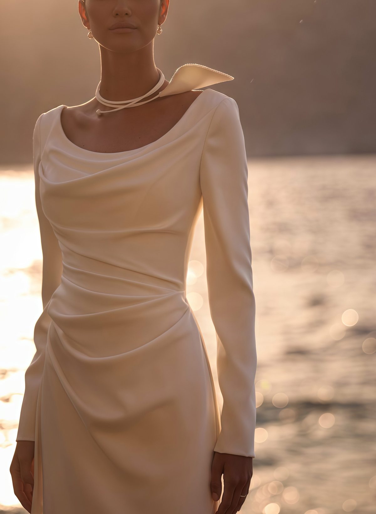 Column Off-The-Shoulder Long Sleeve Stretch Satin Wedding Dress With Court Train