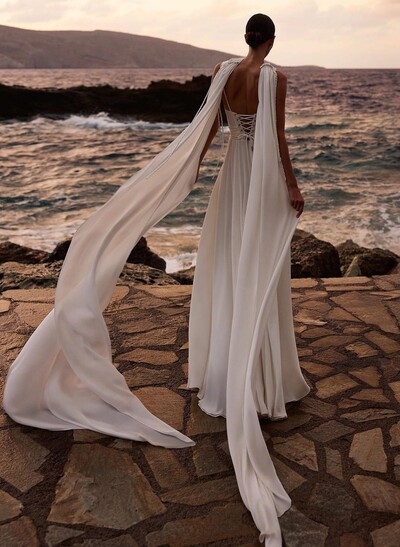 A-Line Cowl Neck Sleeveless Floor-Length Stretch Satin Bride Wedding Dress With Pockets/Detachable Shawl