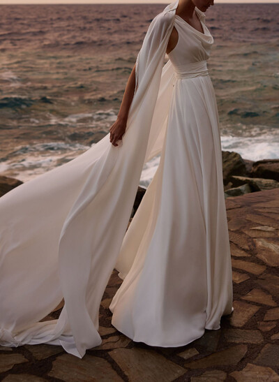 A-Line Cowl Neck Sleeveless Floor-Length Stretch Satin Bride Wedding Dress With Pockets/Detachable Shawl