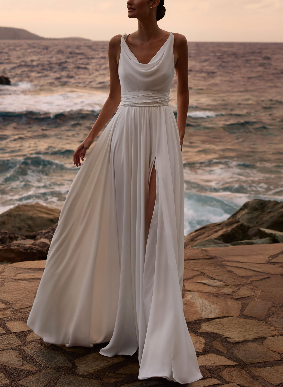 A-Line Cowl Neck Sleeveless Floor-Length Stretch Satin Bride Wedding Dress With Pockets/Detachable Shawl