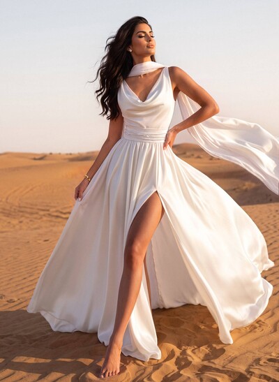A-Line Cowl Neck Sleeveless Sweep Train Stretch Satin Bride Wedding Dress With Pockets/Detachable Shawl