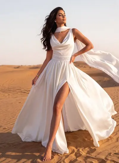 A-Line Cowl Neck Sleeveless Sweep Train Stretch Satin Bride Wedding Dress With Pockets/Detachable Shawl