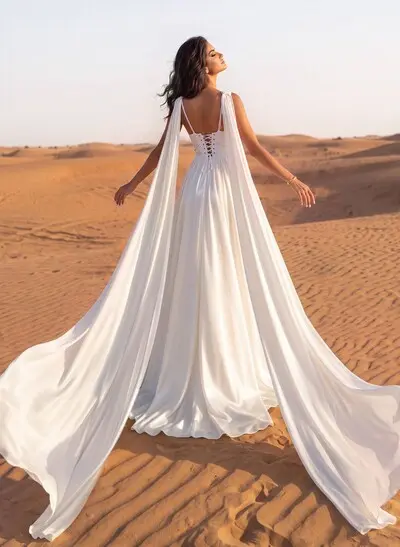 A-Line Cowl Neck Sleeveless Sweep Train Stretch Satin Bride Wedding Dress With Pockets/Detachable Shawl