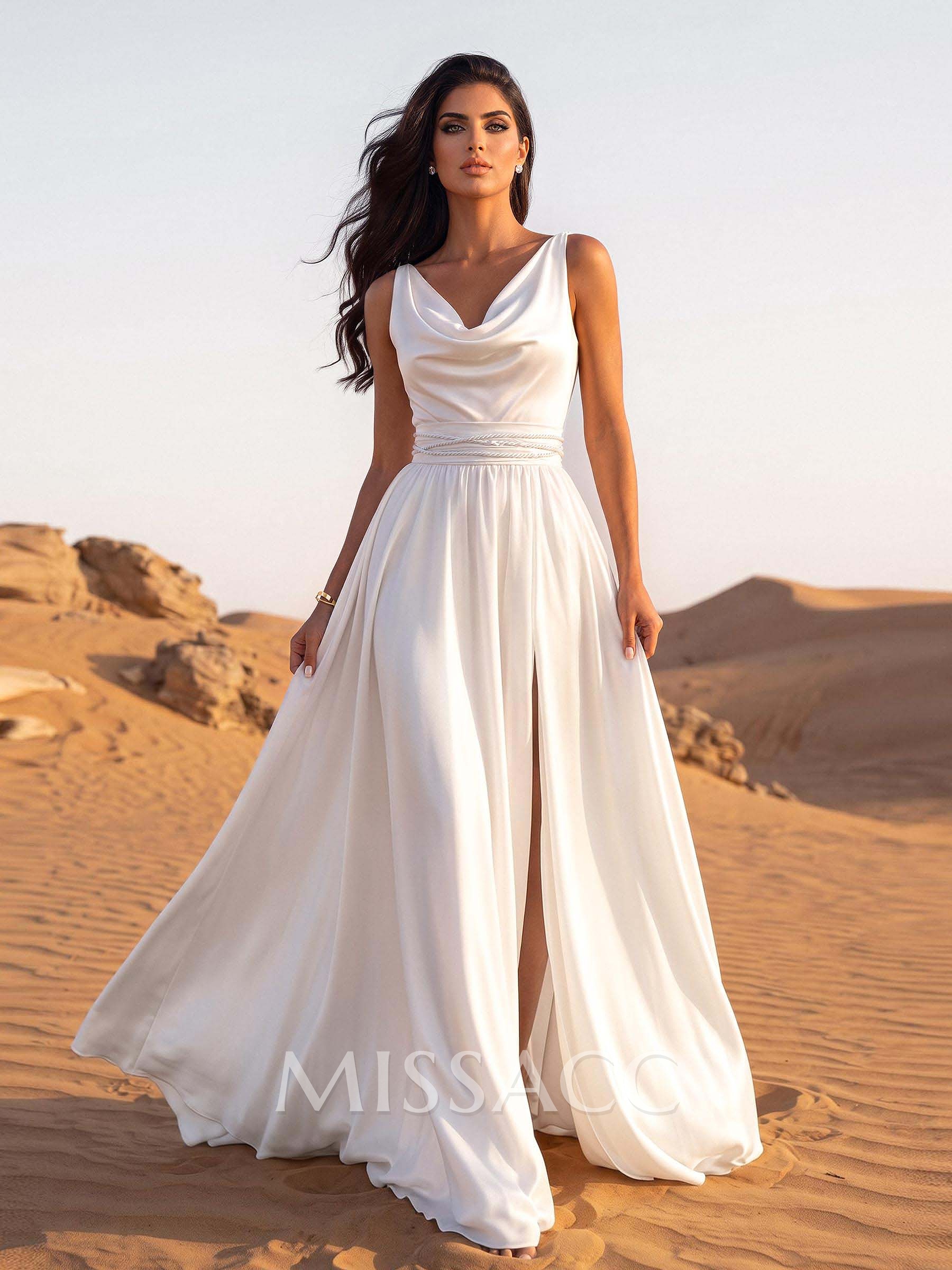 A-Line Cowl Neck Sleeveless Sweep Train Stretch Satin Bride Wedding Dress With Pockets/Detachable Shawl