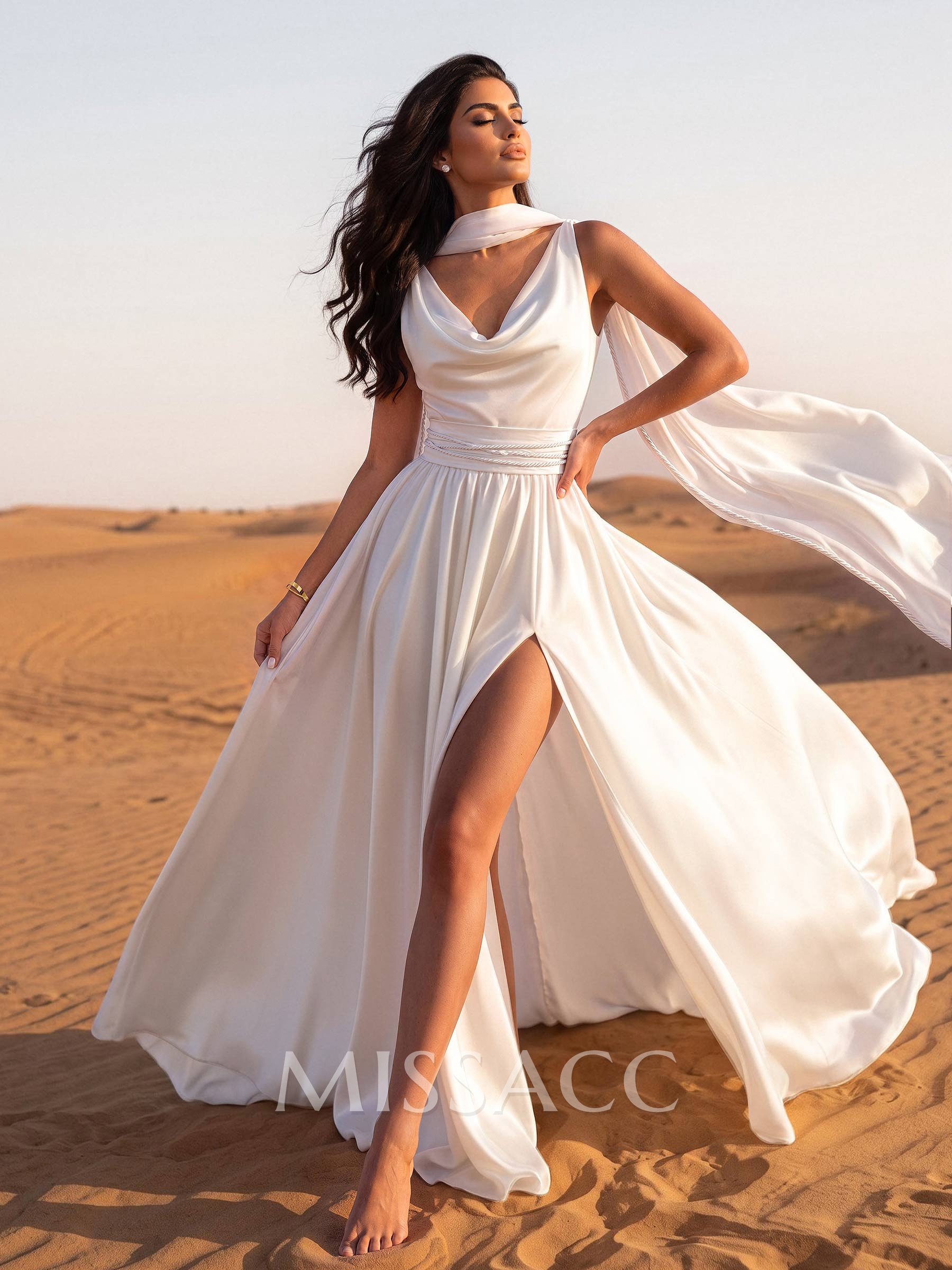A-Line Cowl Neck Sleeveless Sweep Train Stretch Satin Bride Wedding Dress With Pockets/Detachable Shawl