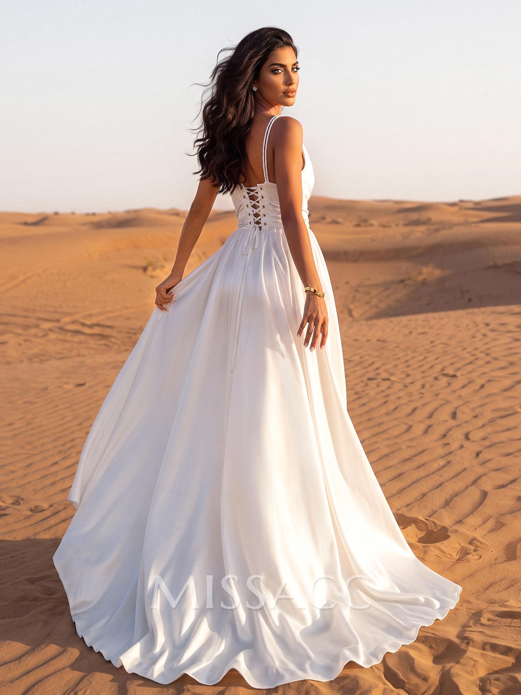 A-Line Cowl Neck Sleeveless Sweep Train Stretch Satin Bride Wedding Dress With Pockets/Detachable Shawl