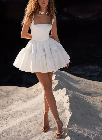 A-Line Square Neckline Sleeveless Short/Mini Matte Satin Bride Wedding Dress