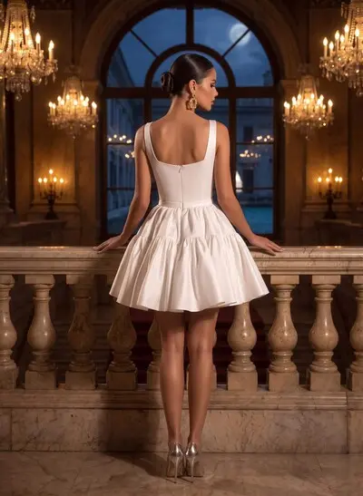 A-Line Square Neckline Sleeveless Short/Mini Matte Satin Bride Wedding Dress