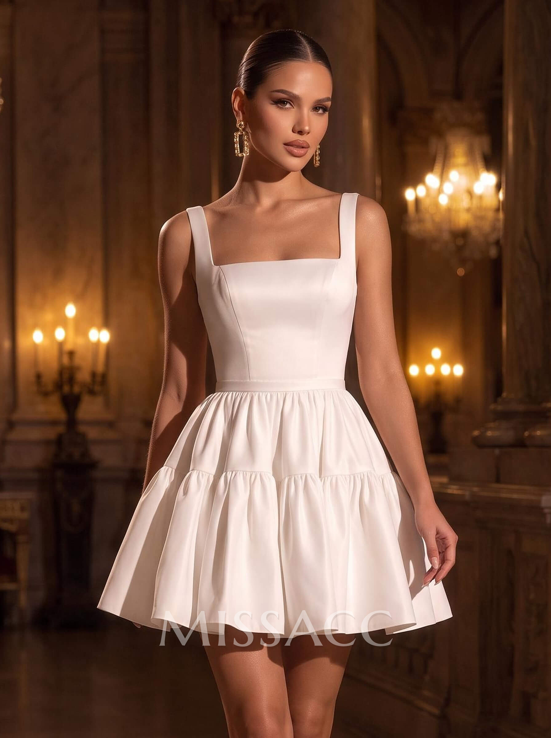 A-Line Square Neckline Sleeveless Short/Mini Matte Satin Bride Wedding Dress