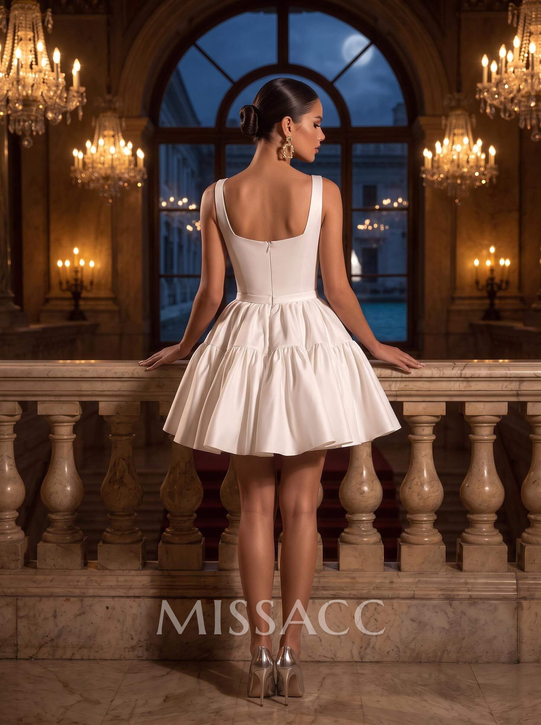 A-Line Square Neckline Sleeveless Short/Mini Matte Satin Bride Wedding Dress