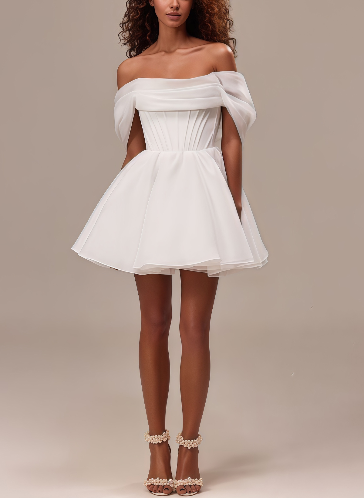 A-Line Off-The-Shoulder Sleeveless Short/Mini Satin/Organza Bride Wedding Dress