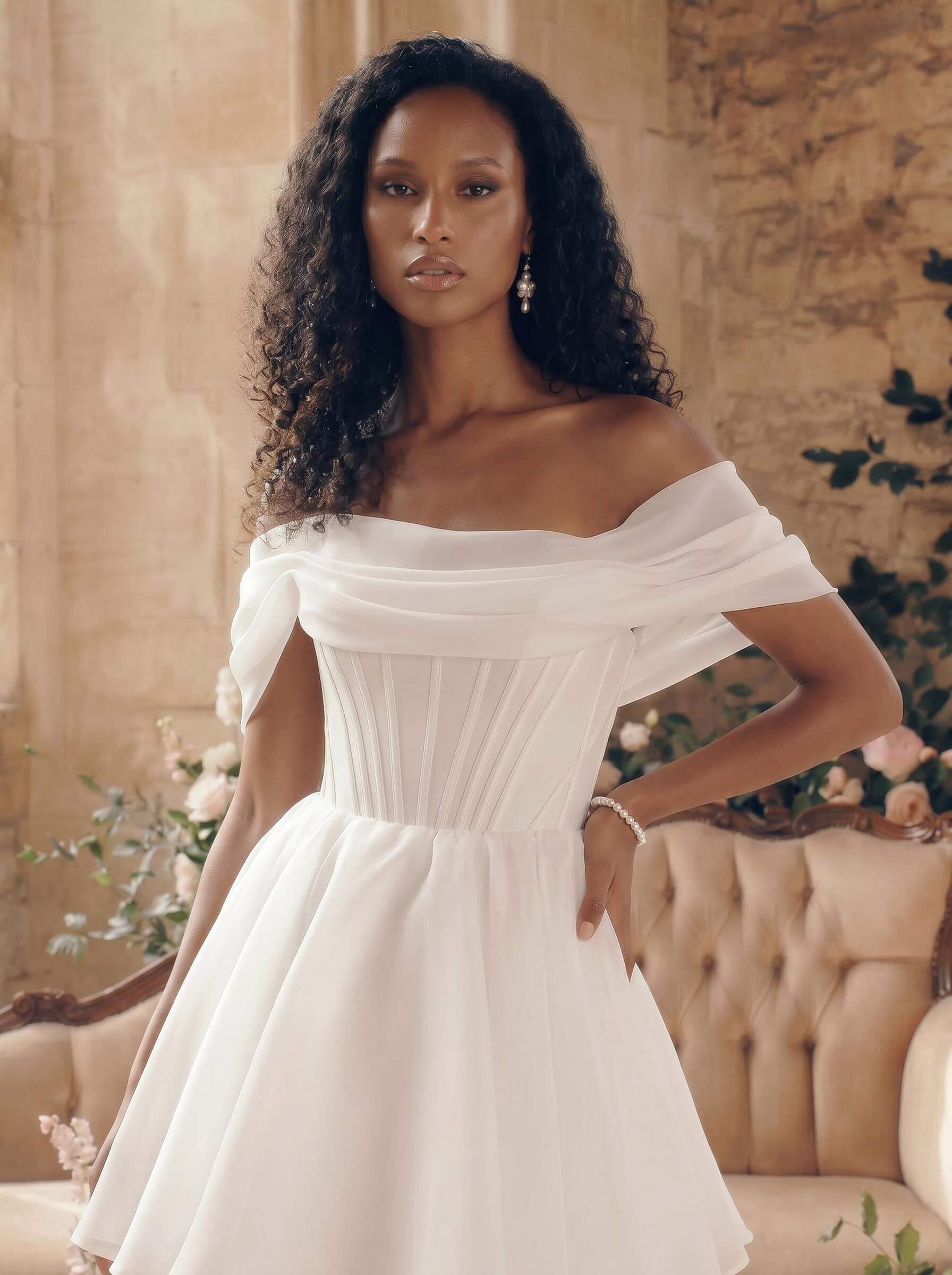 A-Line Off-The-Shoulder Sleeveless Short/Mini Satin/Organza Bride Wedding Dress