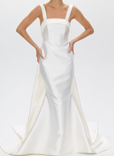 Trumpet/Mermaid Scoop Neck Sleeveless Twill Satin Bride Wedding Dress With Detachable Bow Train