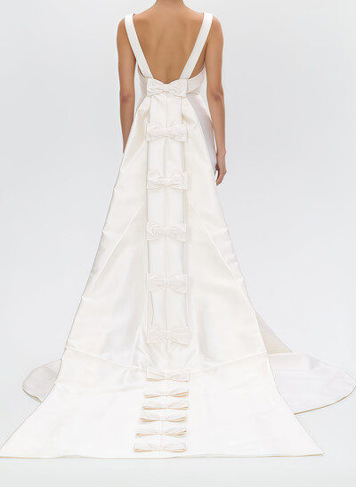 Trumpet/Mermaid Scoop Neck Sleeveless Twill Satin Bride Wedding Dress With Detachable Bow Train