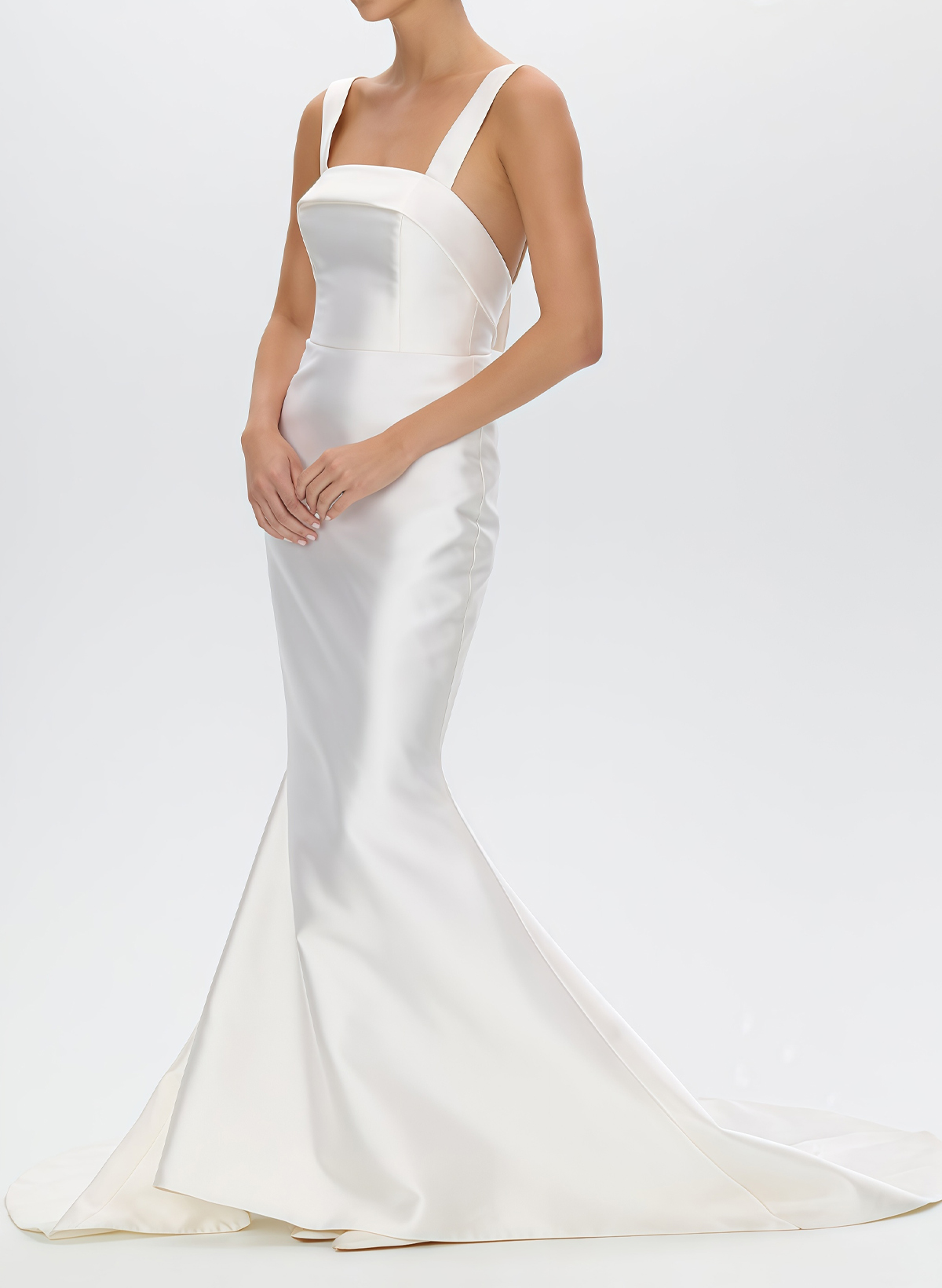 Trumpet/Mermaid Scoop Neck Sleeveless Twill Satin Bride Wedding Dress With Detachable Bow Train