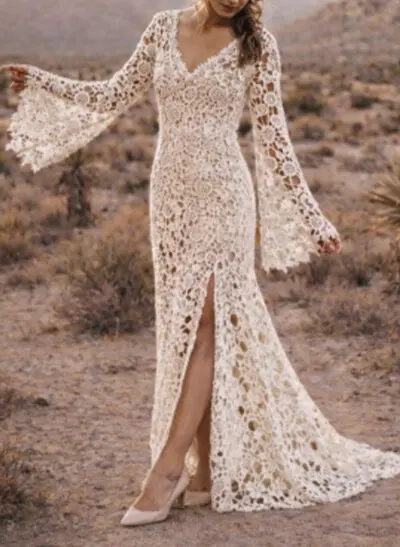 Trumpet/Mermaid V-Neck Long Sleeves Sweep Train Lace Wedding Dresses With Split Front