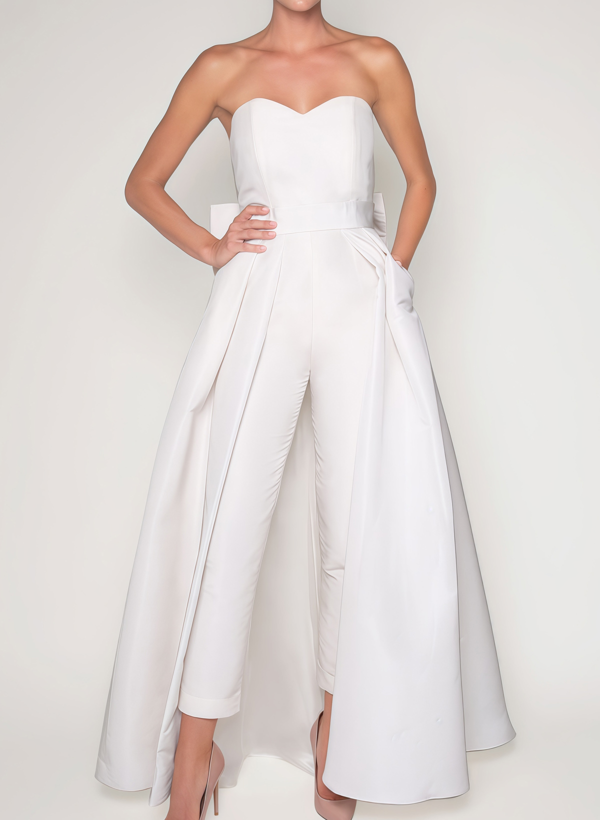 Jumpsuit/Pantsuit Sweetheart Sleeveless Satin Bride Wedding Dress With Detachable Bow Train