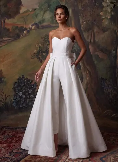 Jumpsuit/Pantsuit Sweetheart Sleeveless Satin Bride Wedding Dress With Detachable Bow Train