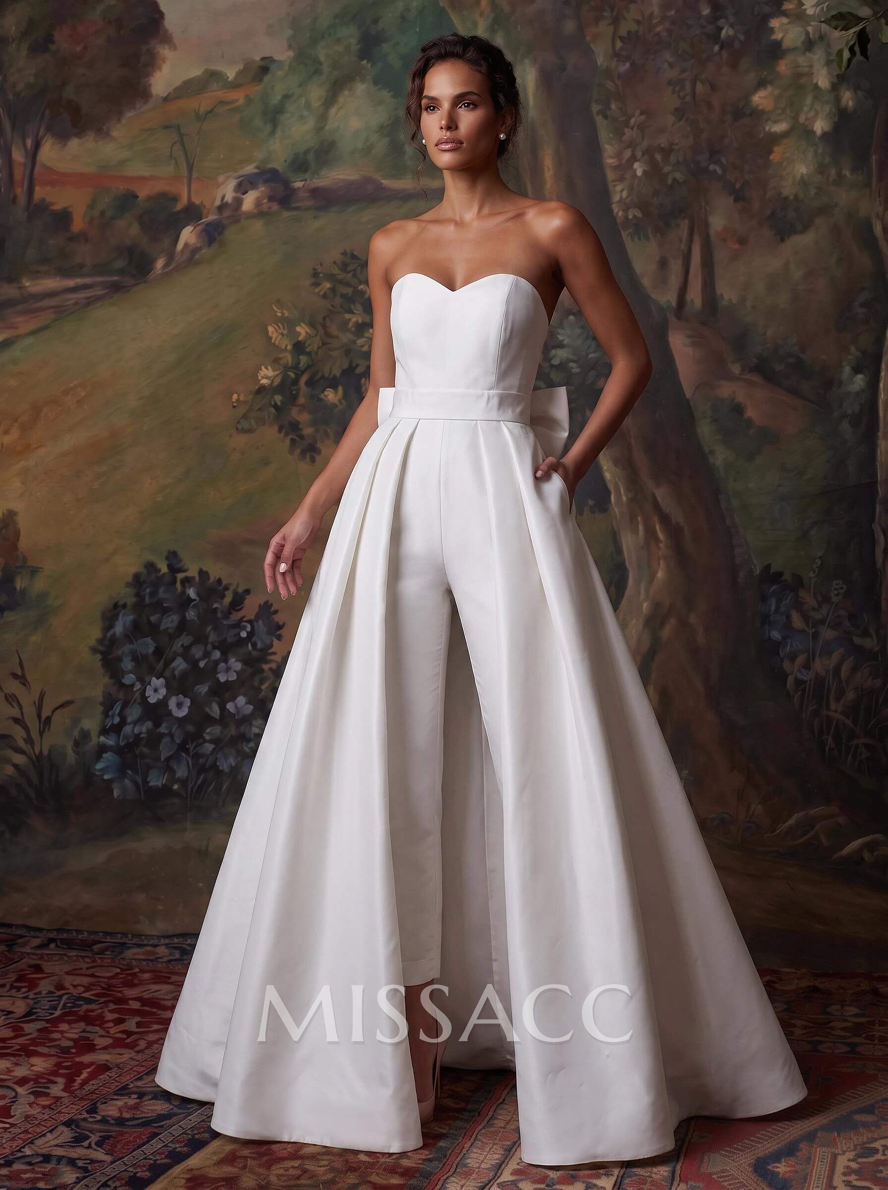 Jumpsuit/Pantsuit Sweetheart Sleeveless Satin Bride Wedding Dress With Detachable Bow Train