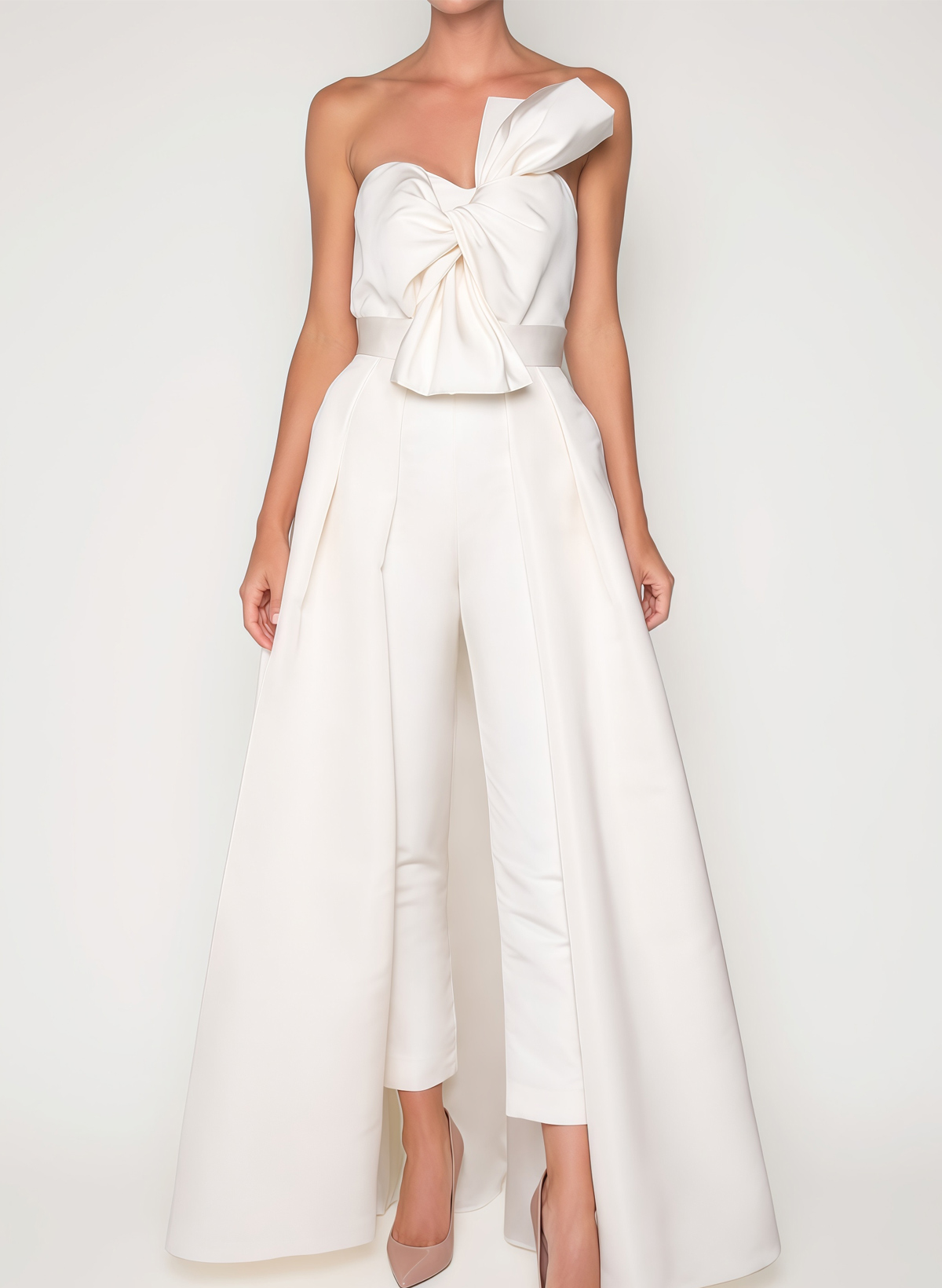 Jumpsuit/Pantsuit Sweetheart Sleeveless Detachable Train Satin Bride Wedding Dress With Bow