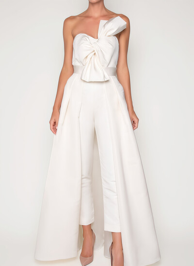 Jumpsuit/Pantsuit Sweetheart Sleeveless Detachable Train Satin Bride Wedding Dress With Bow