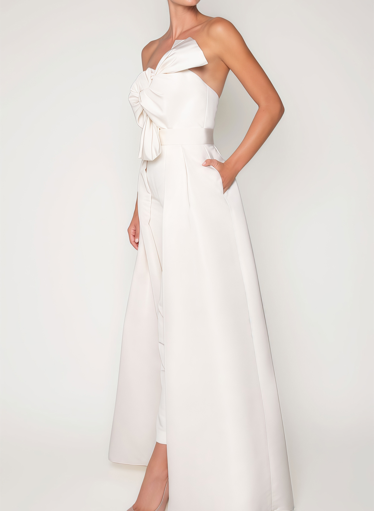 Jumpsuit/Pantsuit Sweetheart Sleeveless Detachable Train Satin Bride Wedding Dress With Bow