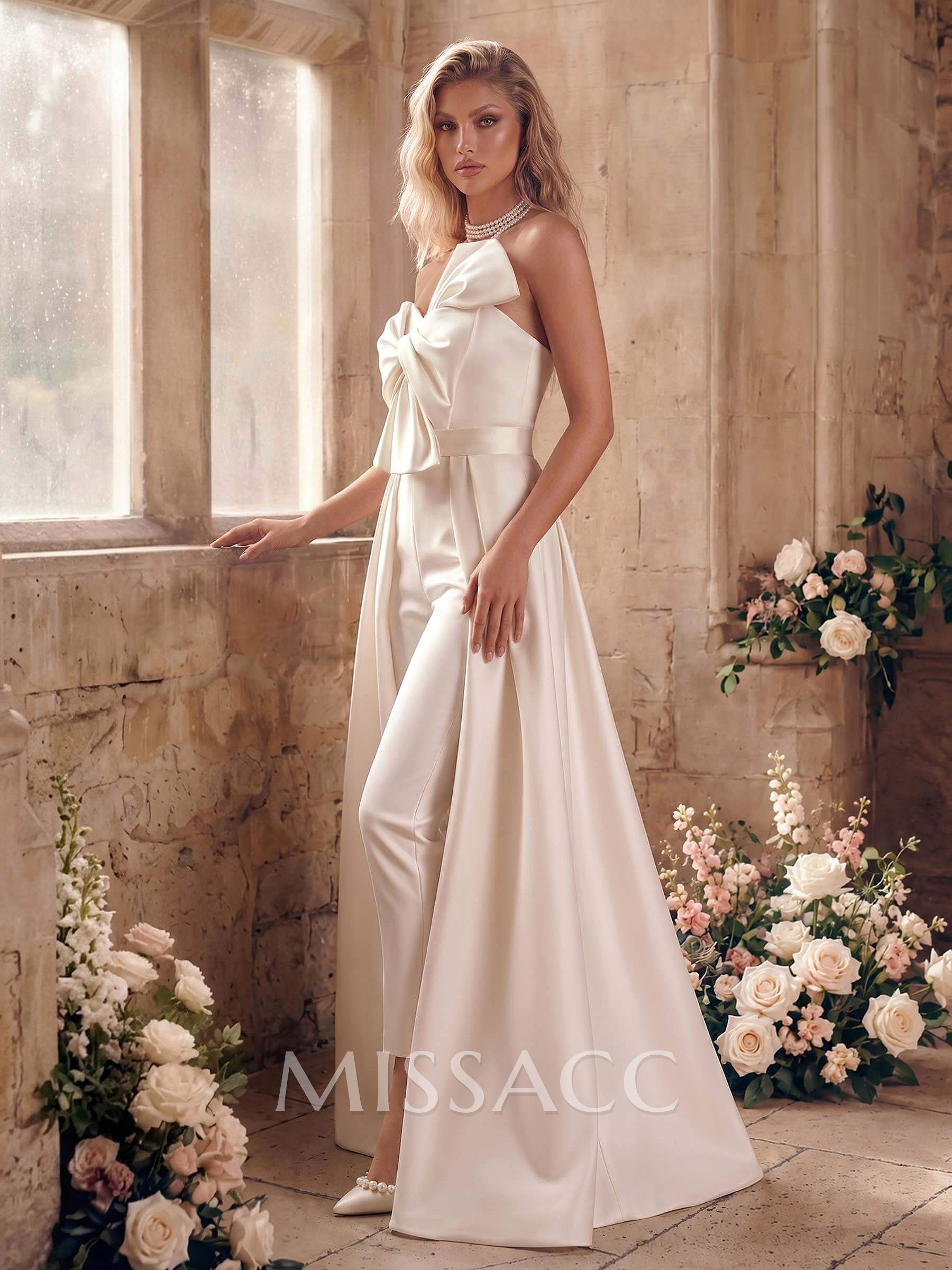 Jumpsuit/Pantsuit Sweetheart Sleeveless Detachable Train Satin Bride Wedding Dress With Bow Jumpsuit/Pantsuit Sweetheart Sleeveless Detachable Train Satin Bride Wedding Dress With Bow